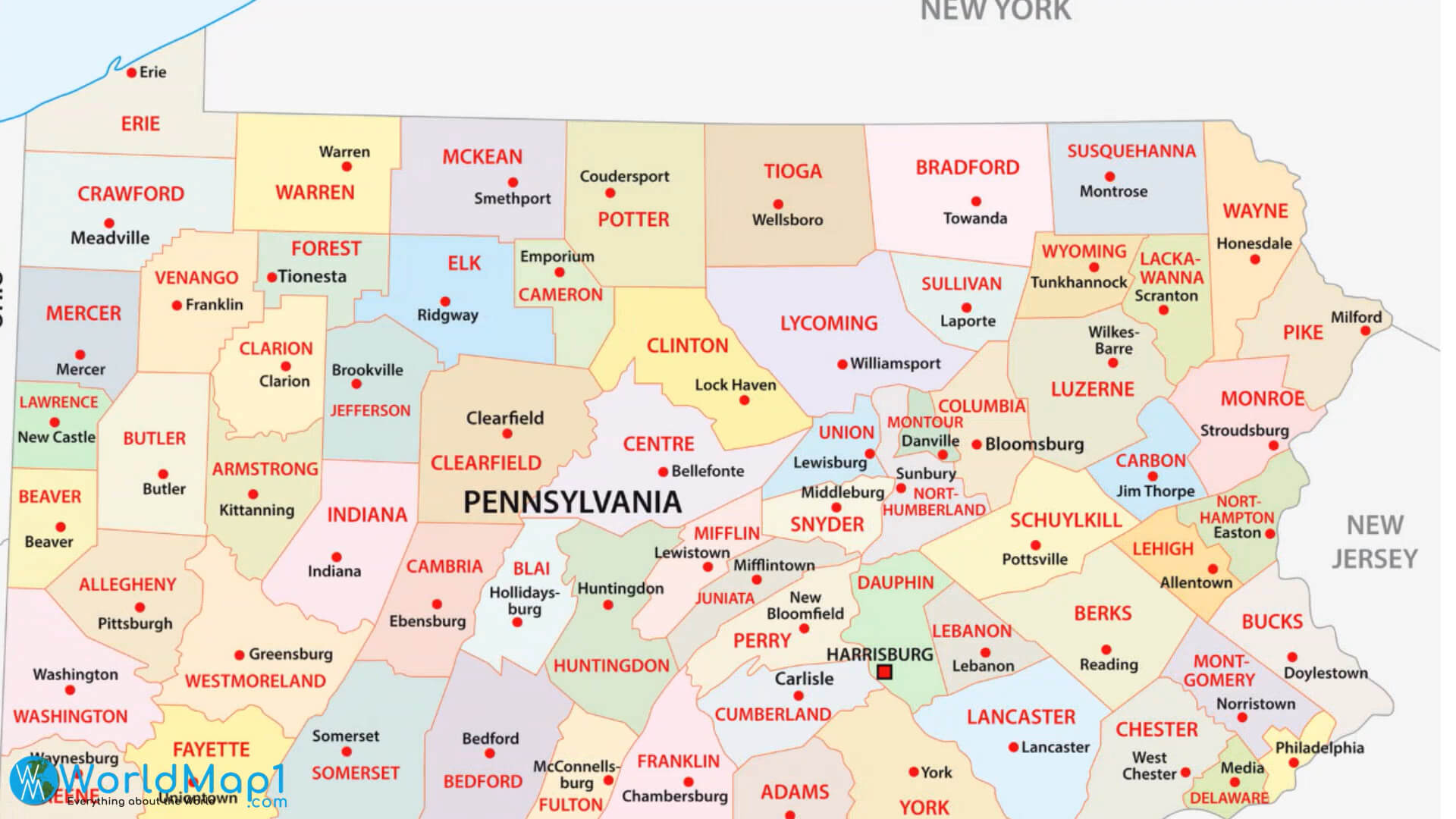 Pennsylvania Counties Major Cities Map